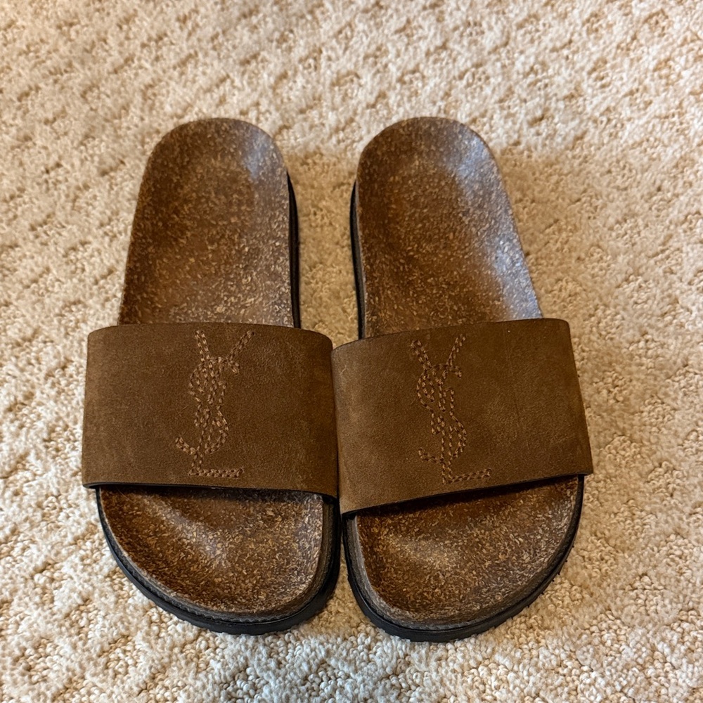 Saint Laurent Black and Brown Slide Sandals